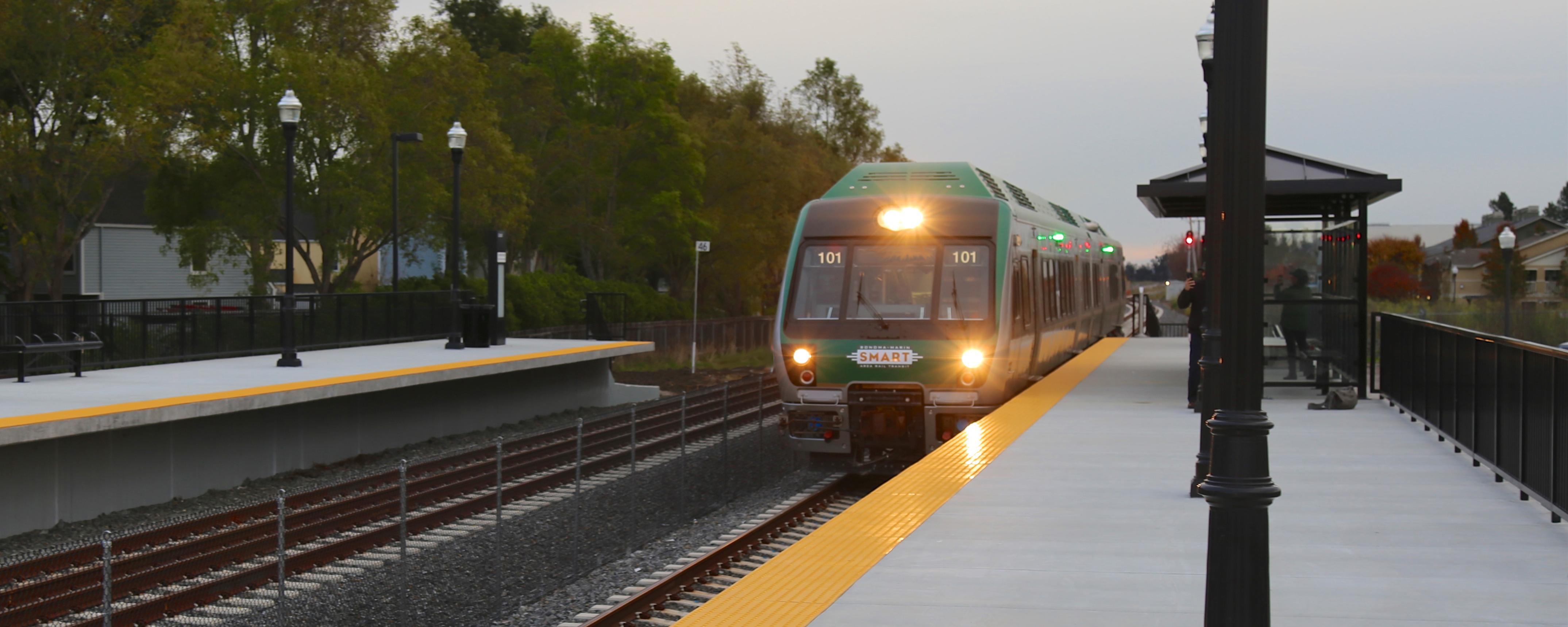 SMART train arriving into SMART Cotati Station.